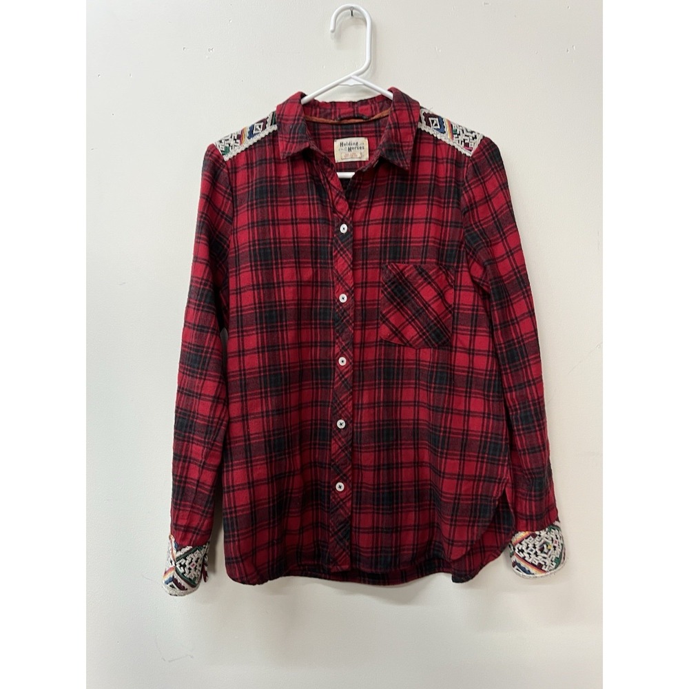 anthropologie Holding Horses Plaid Flannel Shirt Embroidered Small